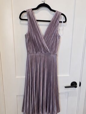 Suzi Chin for Maggy Boutique Satin Pleated V-Neck Midi Dress in Mauve